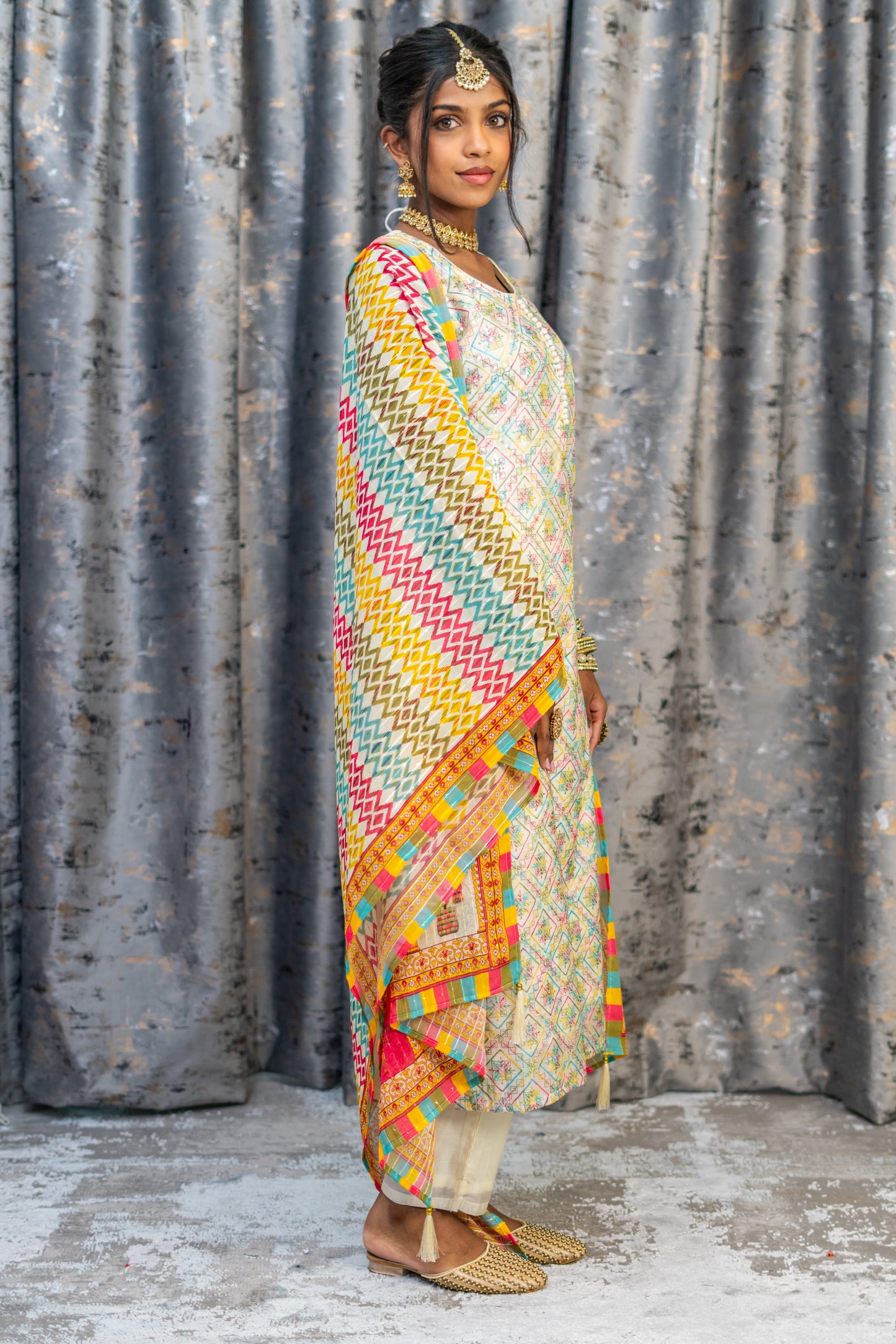 White Colourful Cotton Punjabi Set with Embroidery