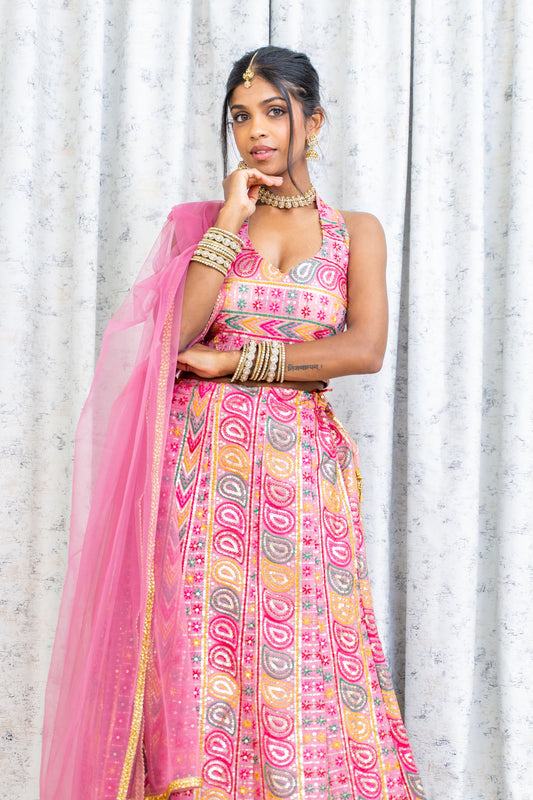 Pink Colourful Cotton Lehenga Choli with Embroidery Work