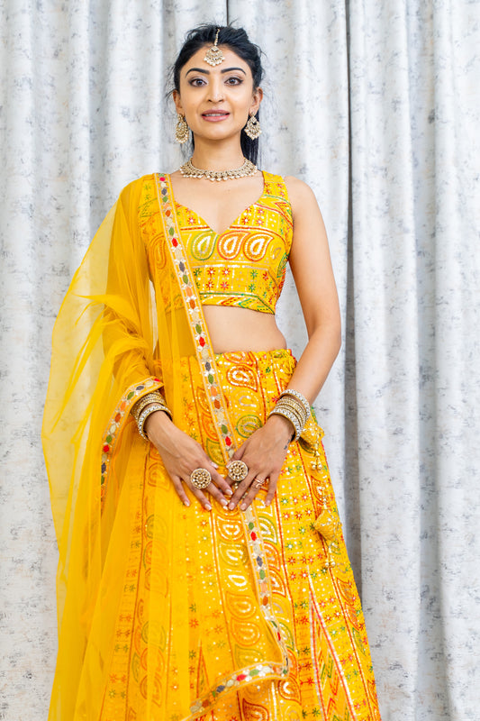 Yellow Colourful Cotton Lehenga Choli with Embroidery Work