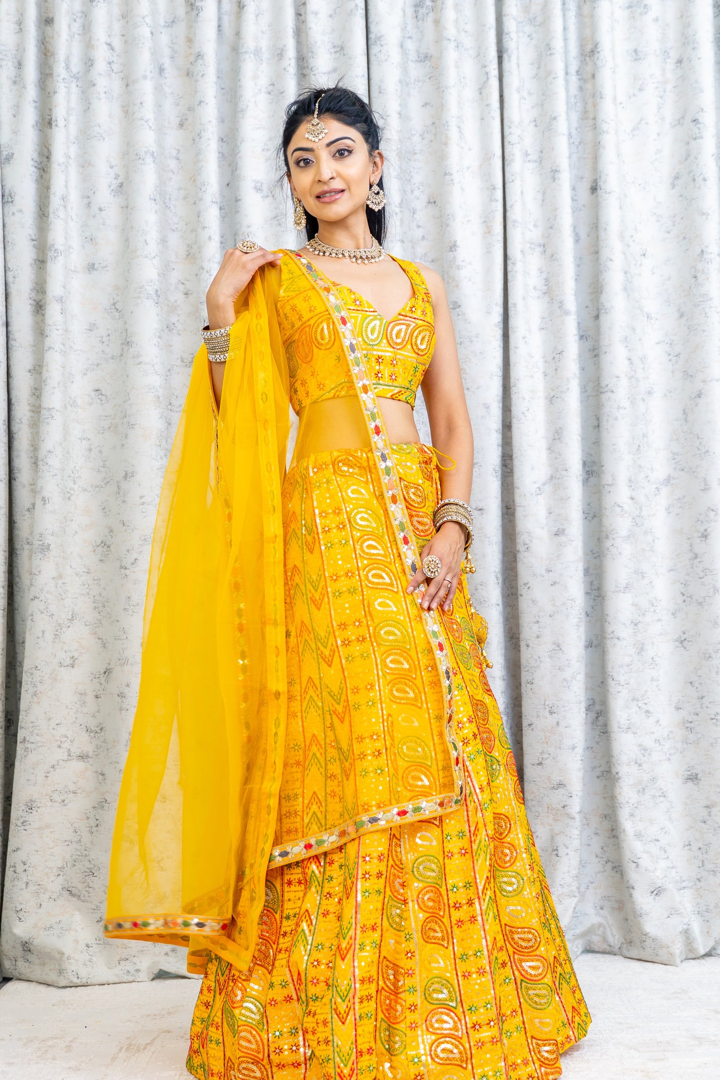 Yellow Colourful Cotton Lehenga Choli with Embroidery Work