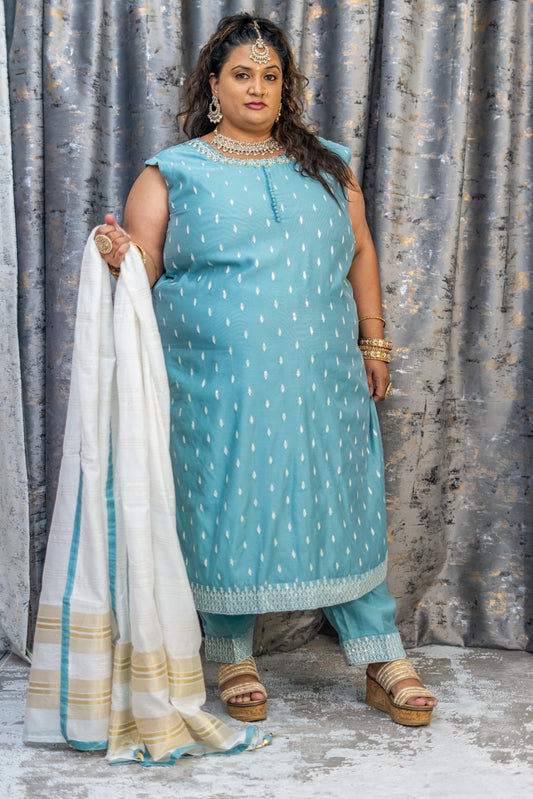 Blue Chinon Silk Punjabi Set with Embroidery