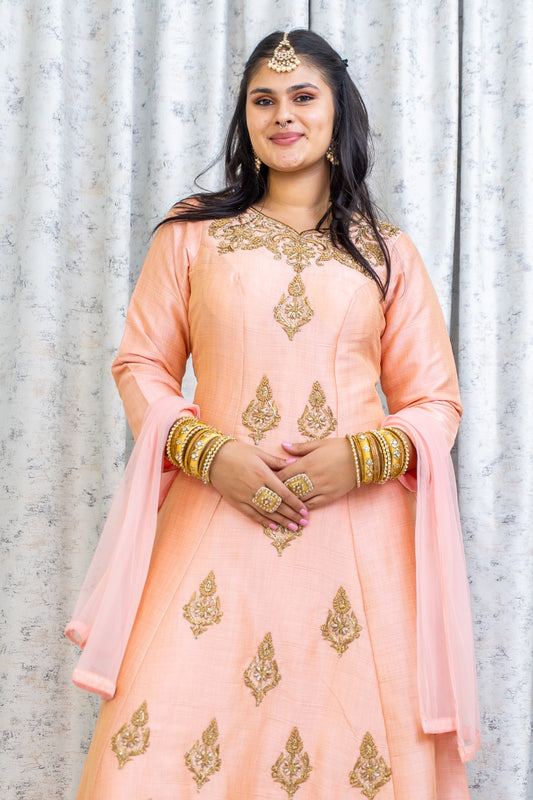 Peach Raw Silk Punjabi Set with Swarovski Stone Work