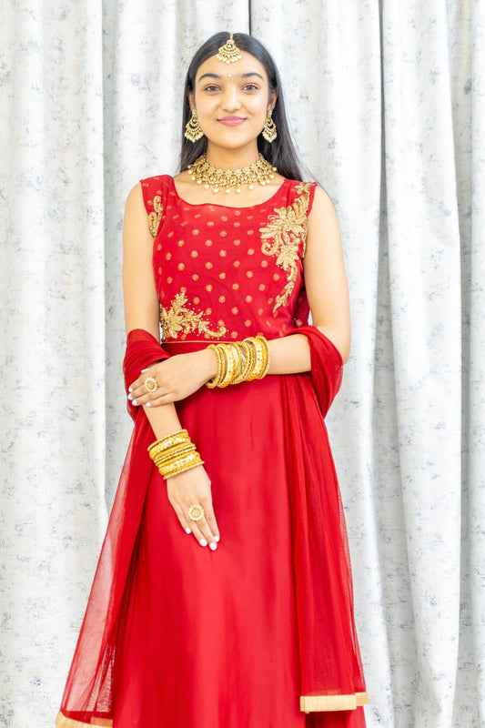 Red Chinon Silk Punjabi Set