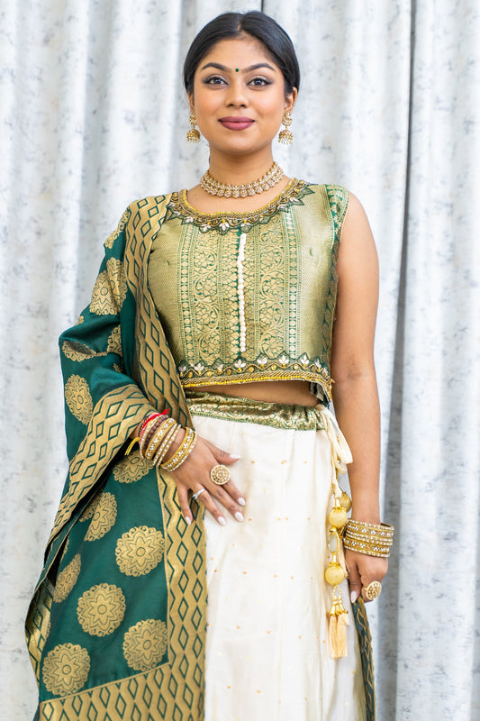 Cream & Green Brocade Border Lehenga Choli Set