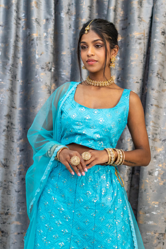 Blue Cotton Lehenga Set with Embroidery