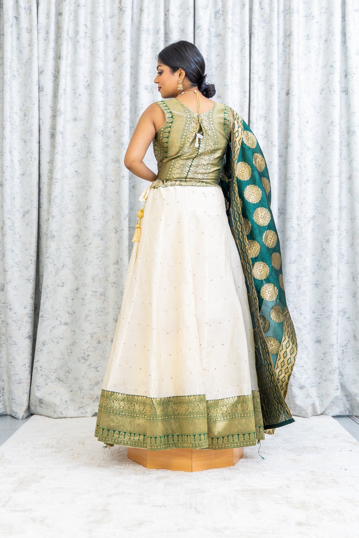Cream & Green Brocade Border Lehenga Choli Set