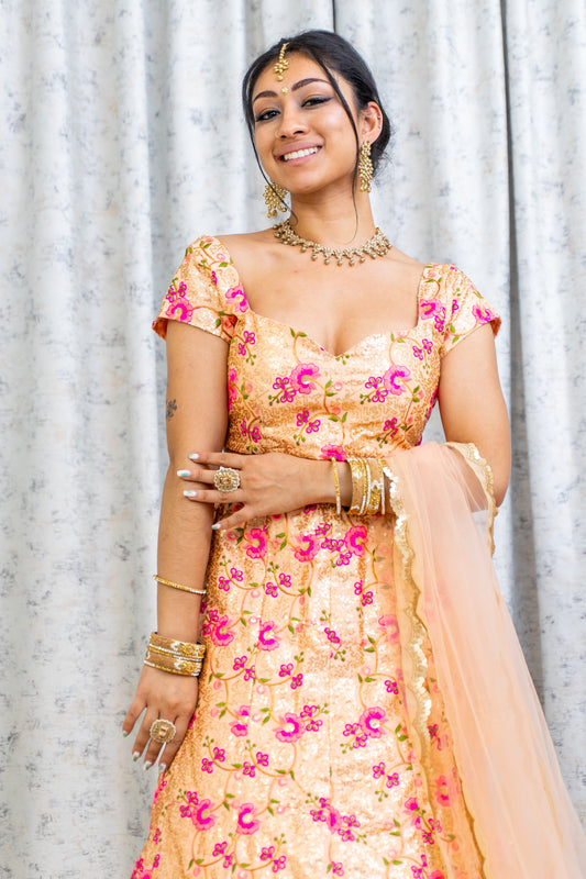 Peach Colourful Cotton Lehnga Choli with Embroidery