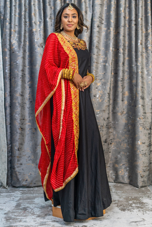Black Raw Silk Punjabi Set with Contrast Dupatta