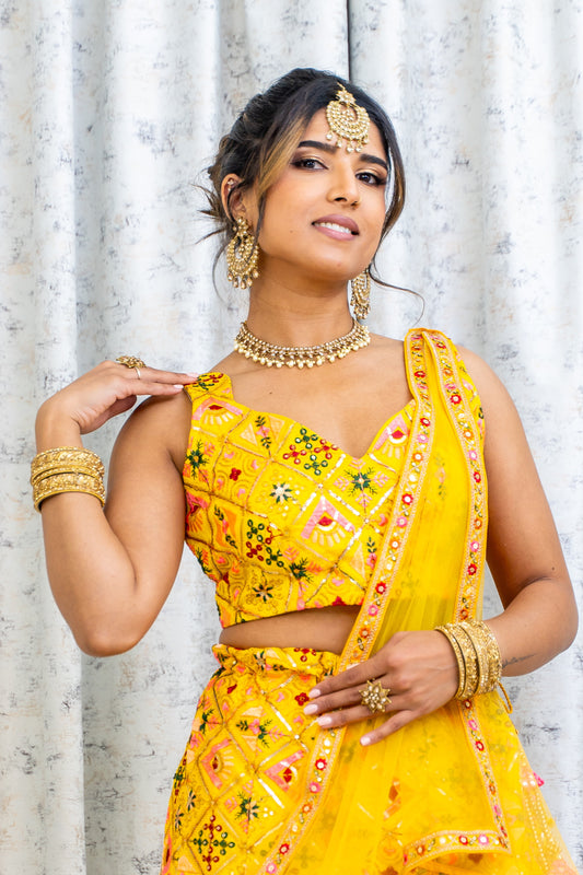 Yellow Colourful Cotton Lehnga Choli with Embroidery