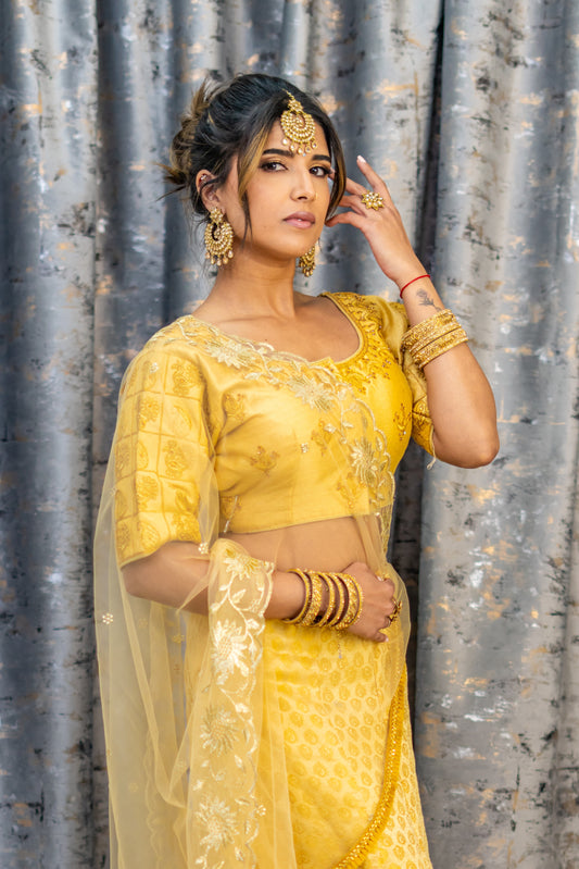 Yellow Cotton Lehenga Set with Embroidery