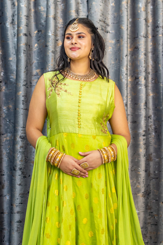 Green Soft Brocade Punjabi Set With Embroidery