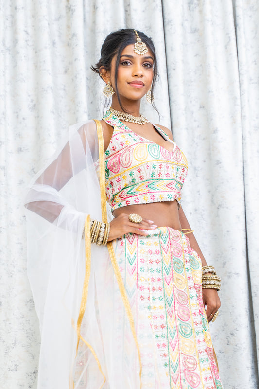White Colourful Cotton Lehnga Choli with Embroidery