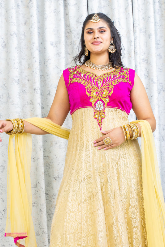 Cream Net Punjabi Set with Velvet and Swarovski Stone Work