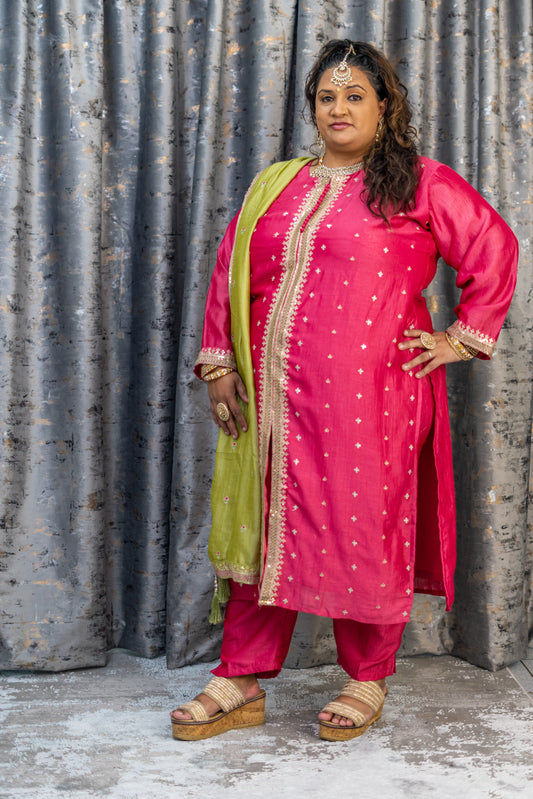 Coral Pink Chinon Silk Punjabi Set with Contrast Dupatta