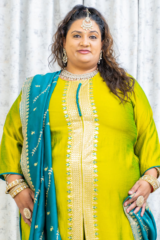Lime Green & Teal Chinon Sil Punjabi Set