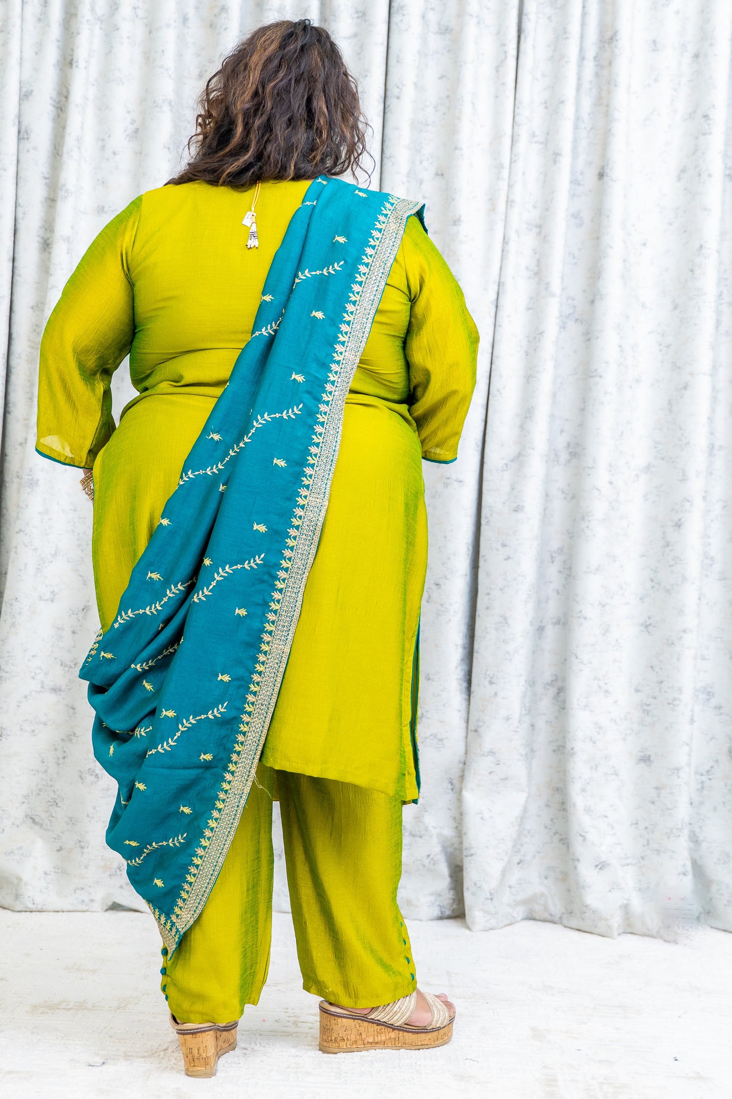 Lime Green & Teal Chinon Sil Punjabi Set