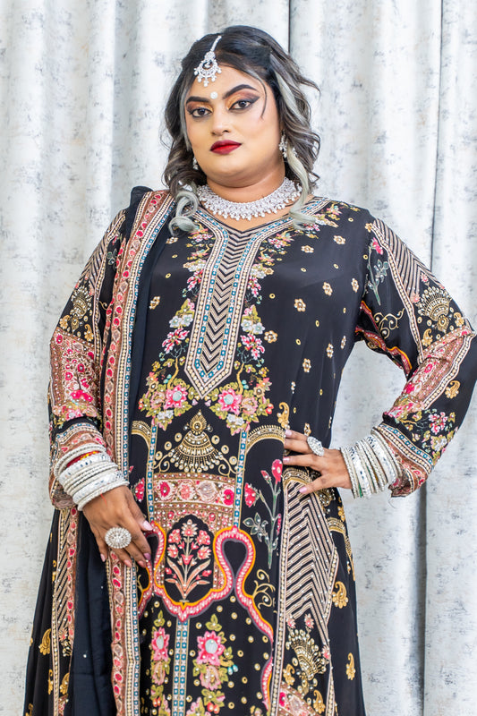 Black Colourful Printed Chinon Silk Punjabi Set