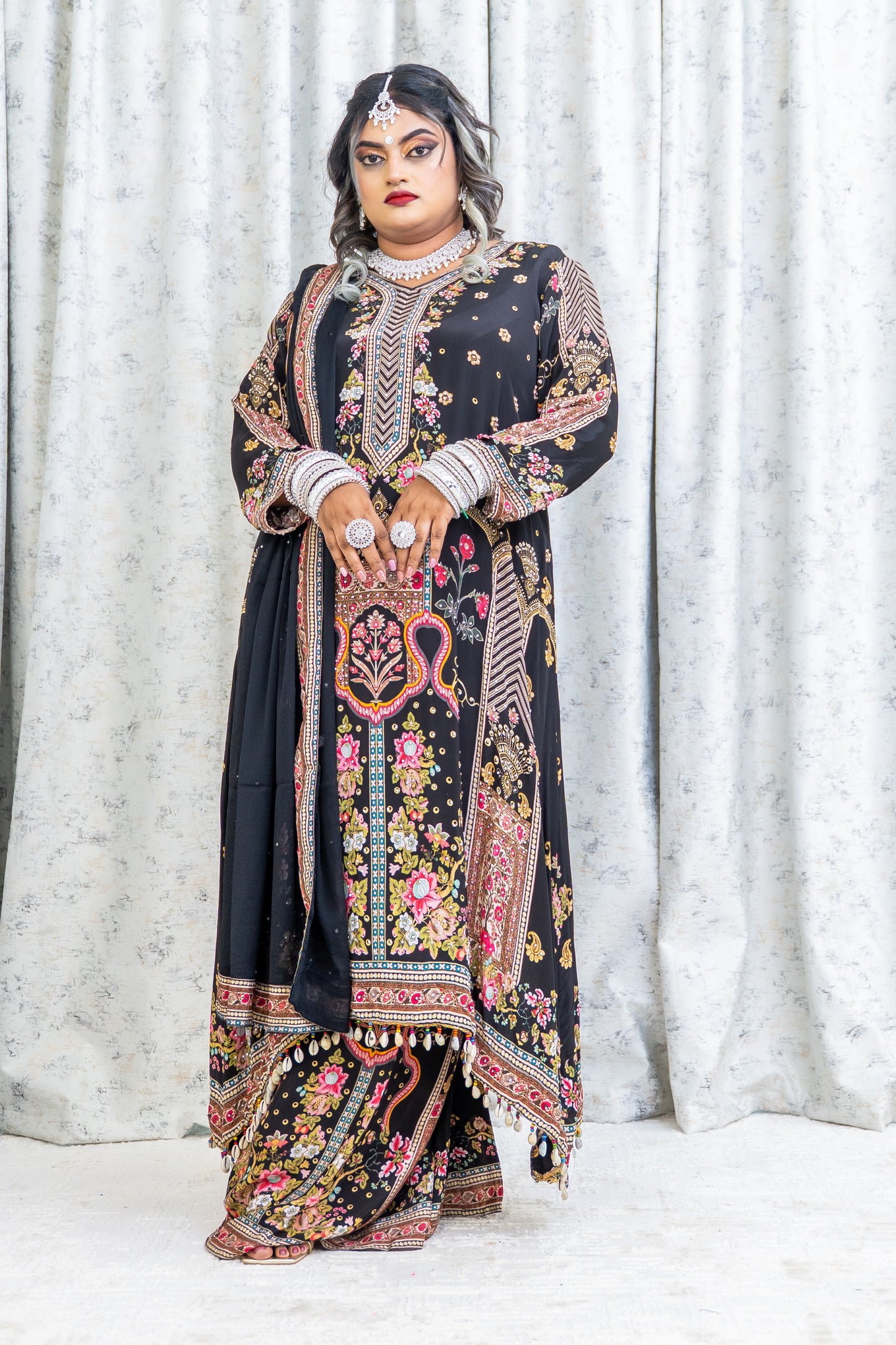 Black Colourful Printed Chinon Silk Punjabi Set
