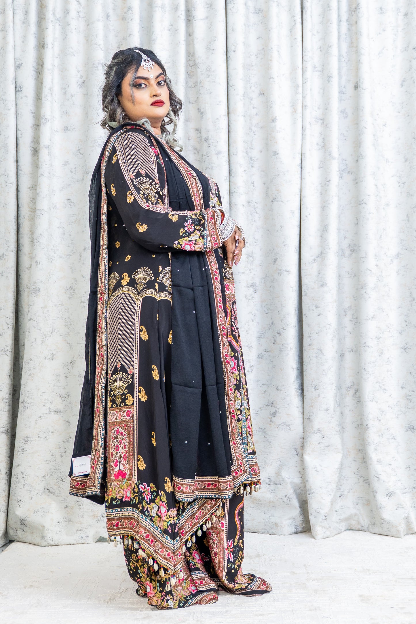 Black Colourful Printed Chinon Silk Punjabi Set