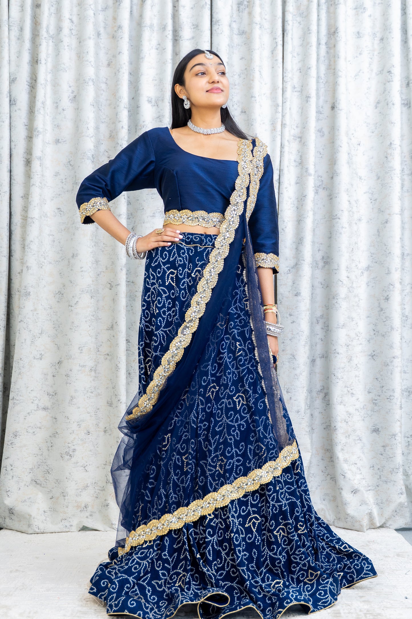 Navy Blue Chiffon Bandhani Lehenga Choli Set