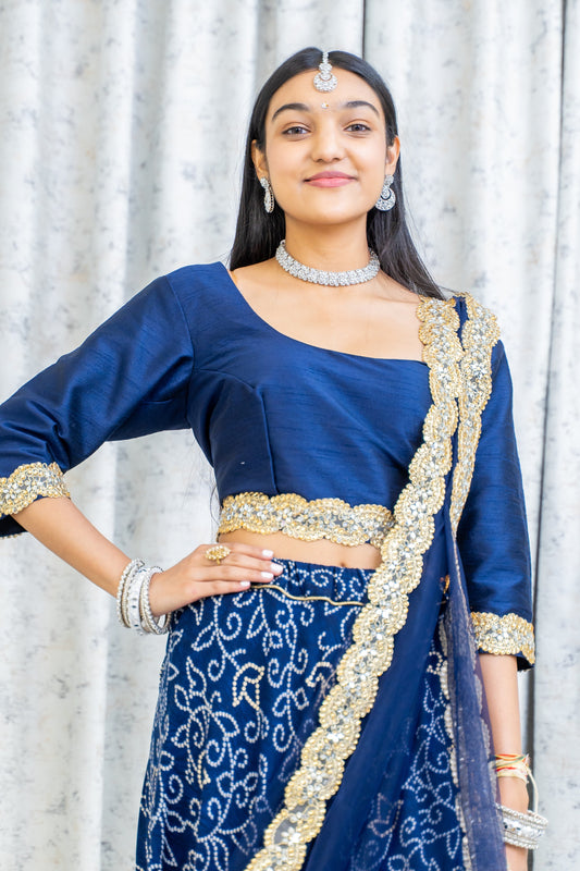 Navy Blue Chiffon Bandhani Lehenga Choli Set