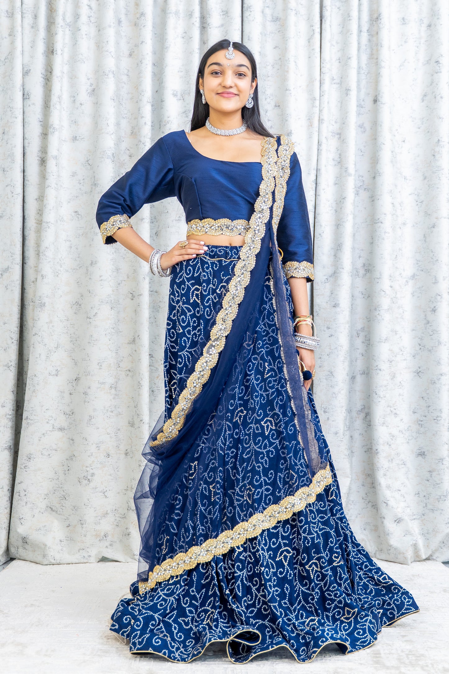 Navy Blue Chiffon Bandhani Lehenga Choli Set