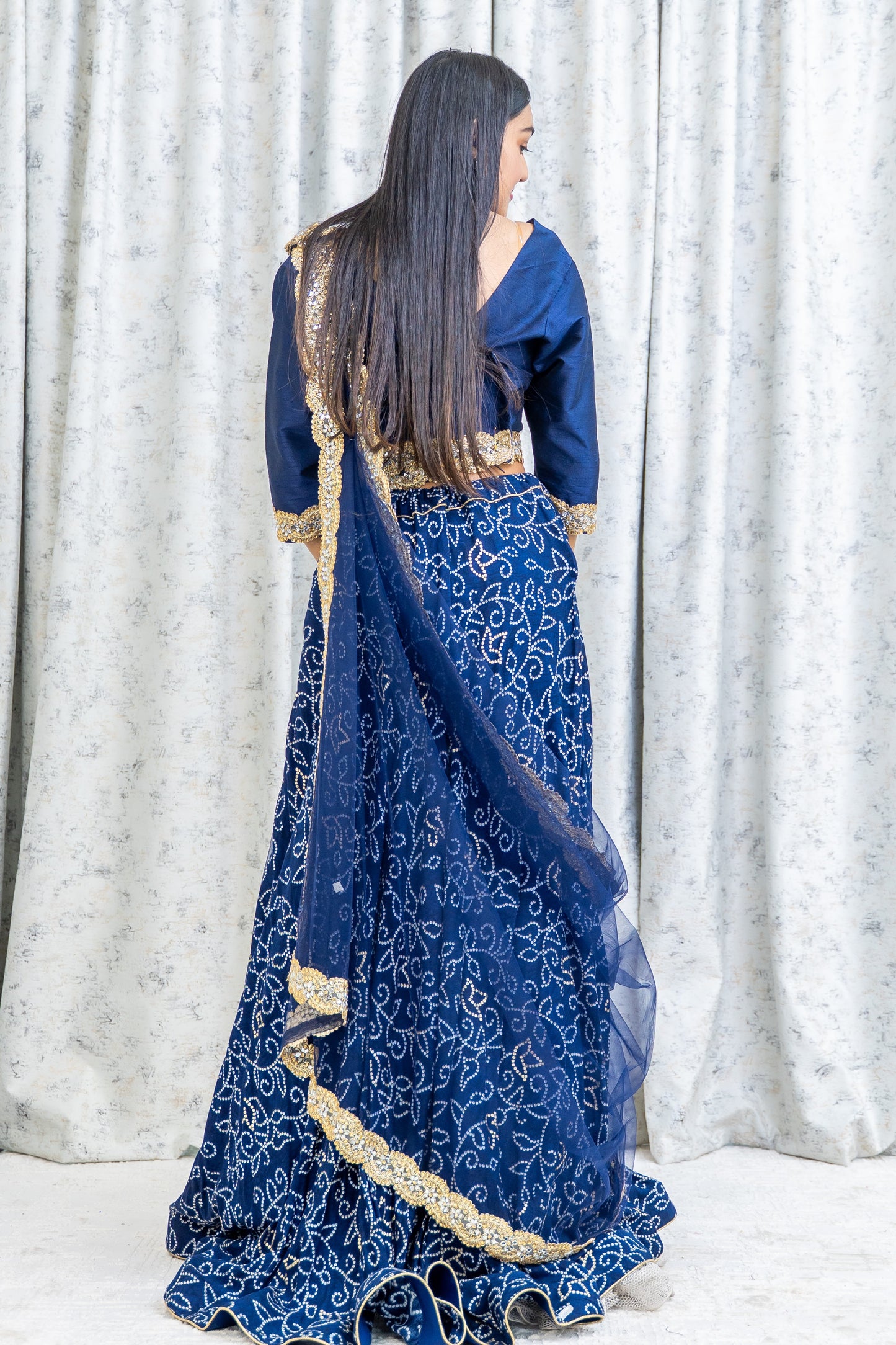 Navy Blue Chiffon Bandhani Lehenga Choli Set