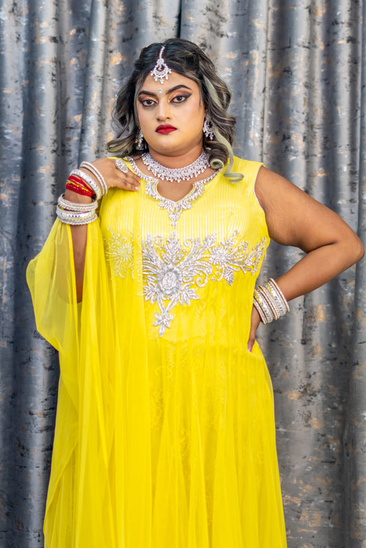 Yellow Net Punjabi Set with Swarovski Stone Work