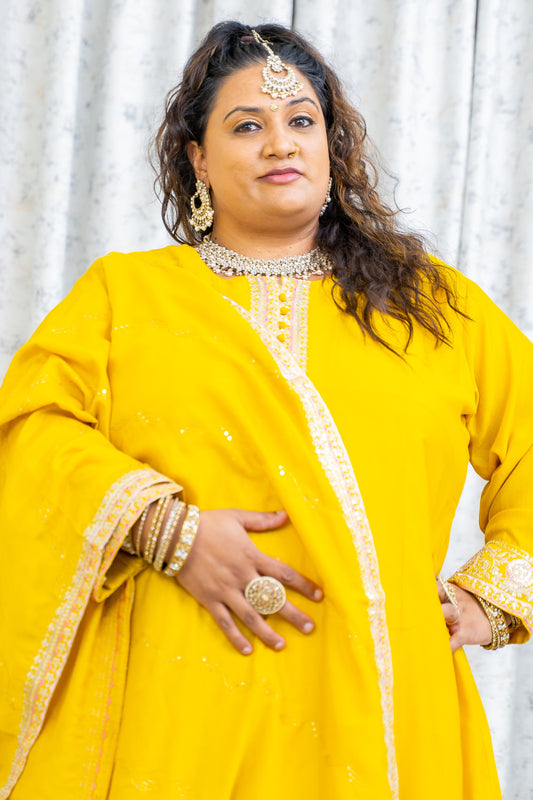 Yellow Chinon Silk Punjabi Set with Embroidery