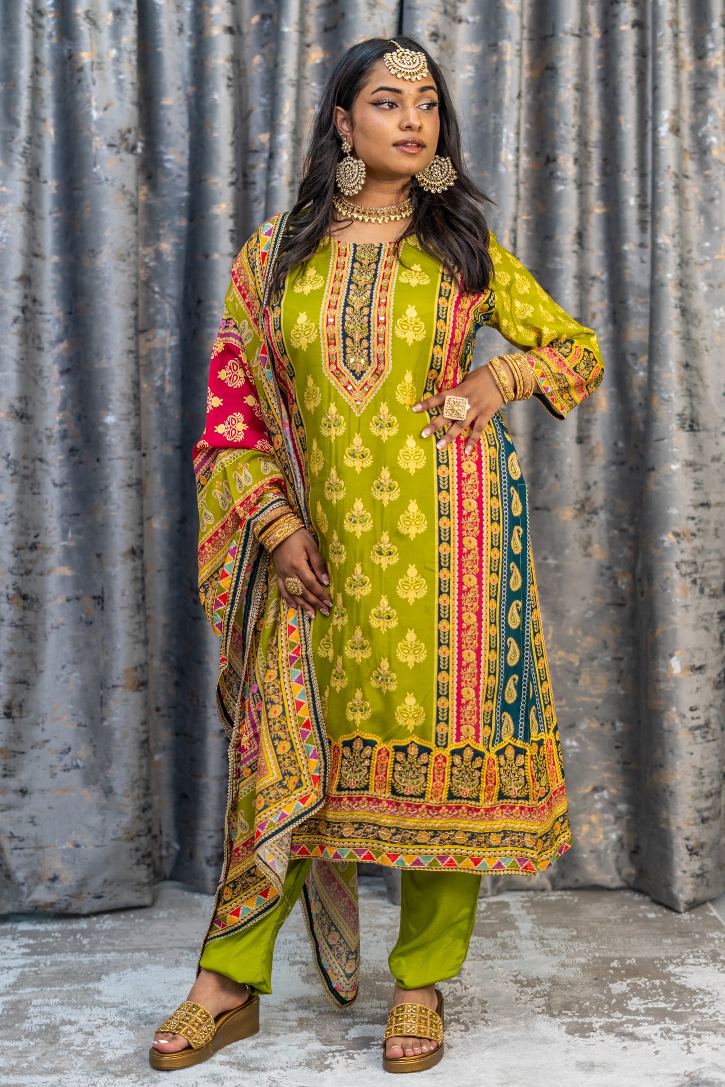 Green Colourful Printed Chinon Silk Punjabi Set