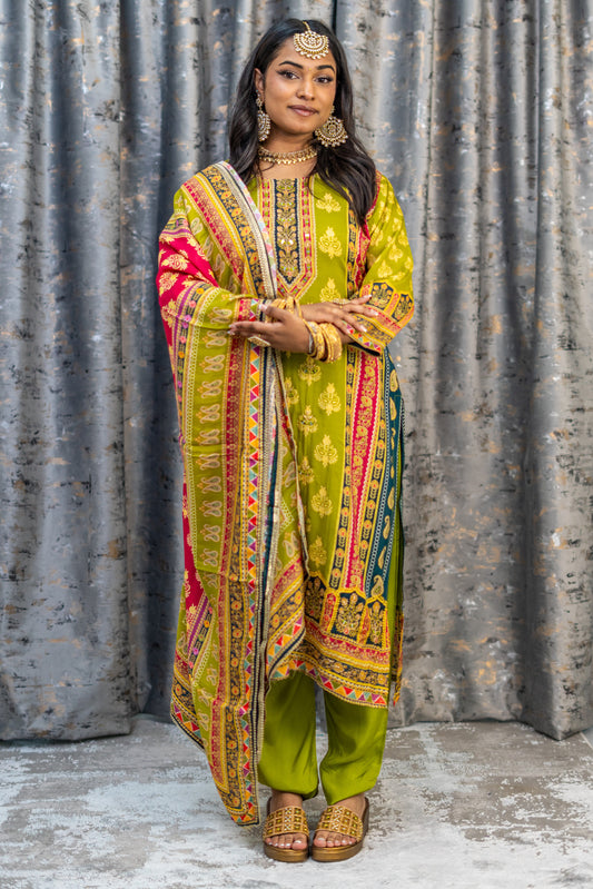 Green Colourful Printed Chinon Silk Punjabi Set
