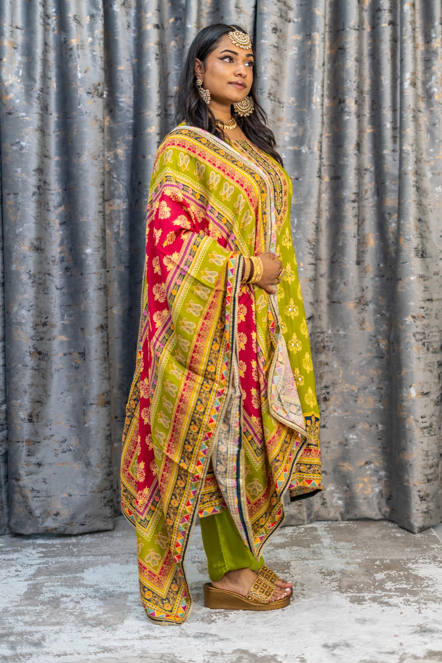 Green Colourful Printed Chinon Silk Punjabi Set