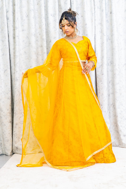 Marigold Brocade Lehnga Choli with Embroidery