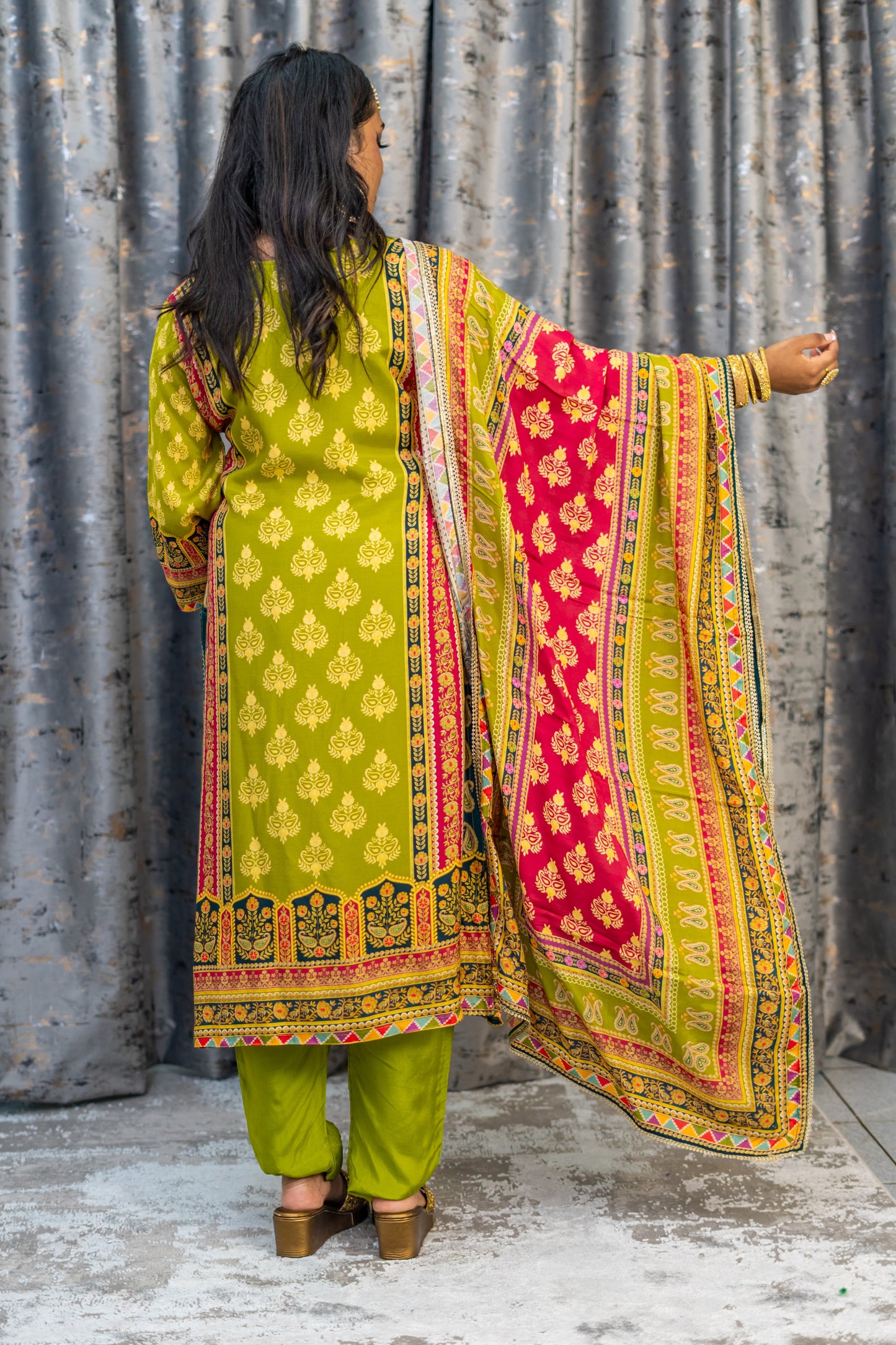 Green Colourful Printed Chinon Silk Punjabi Set