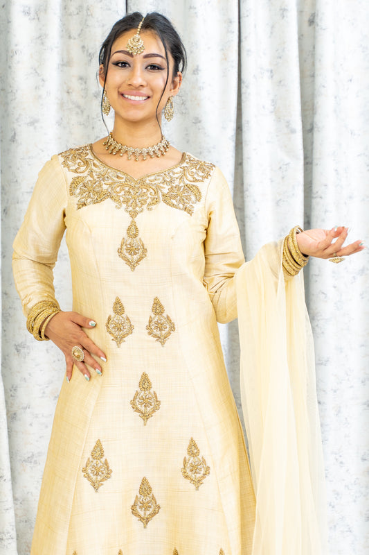 Cream Raw Silk Punjabi Set with Swarovski Stone Work