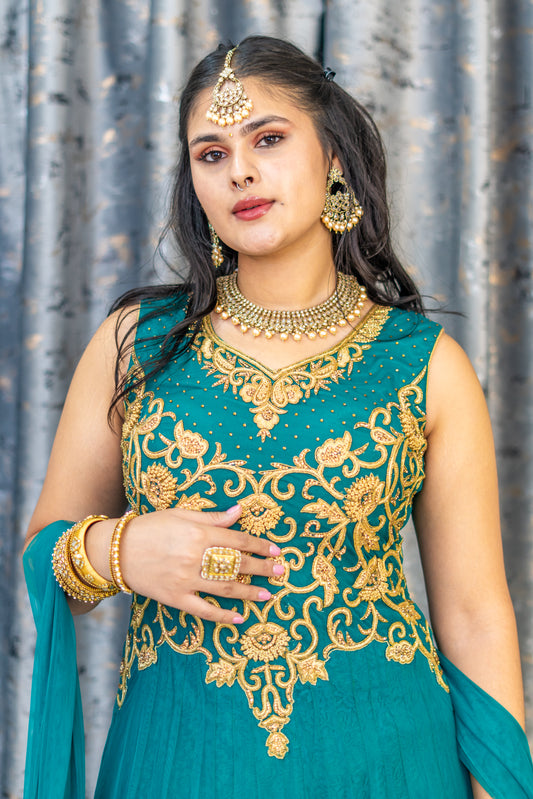 Teal punjabi with gold swarovski stones
