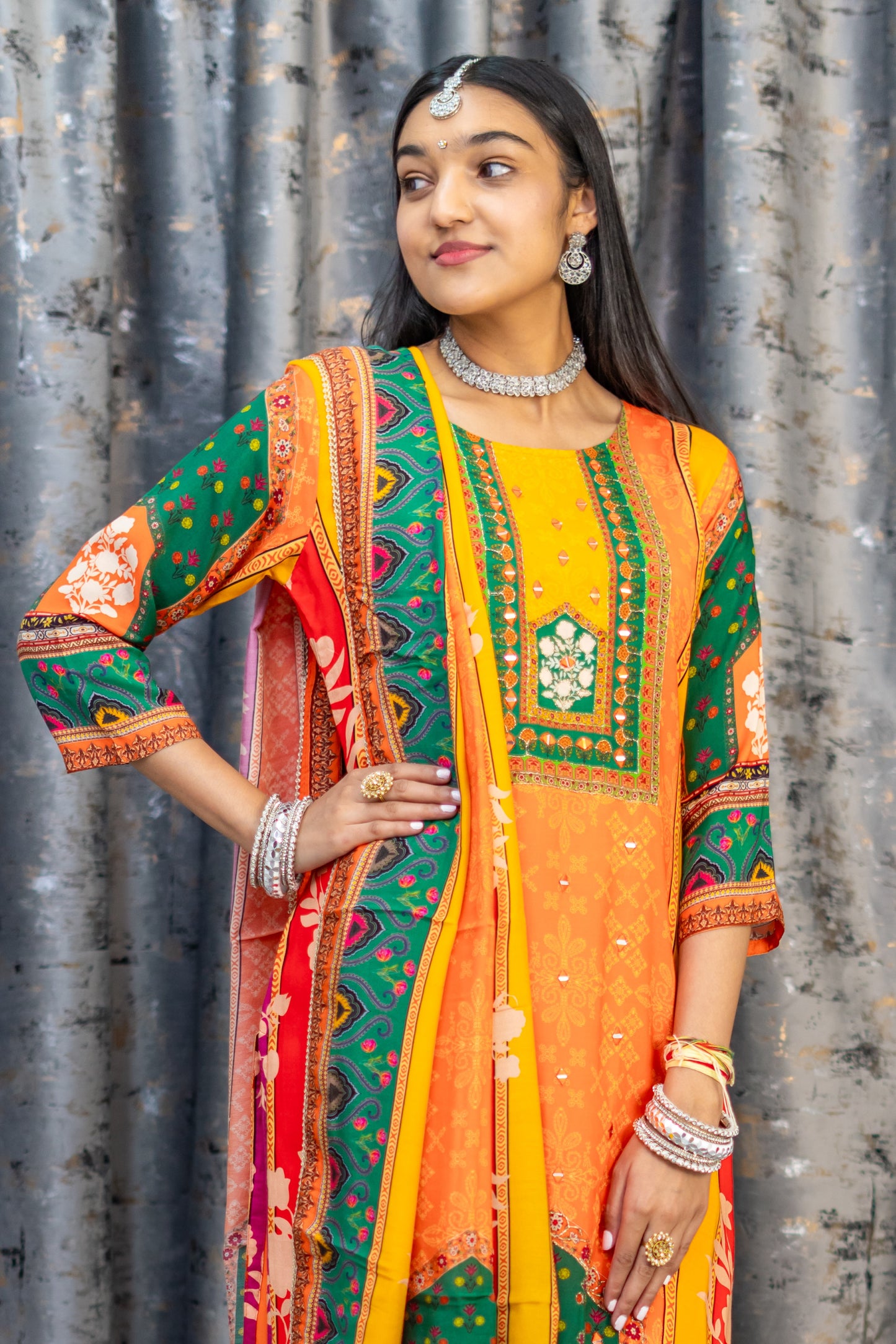 Orange Chinon Silk Printed Punjabi Set