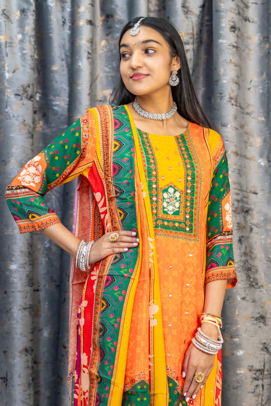 Orange Chinon Silk Printed Punjabi Set