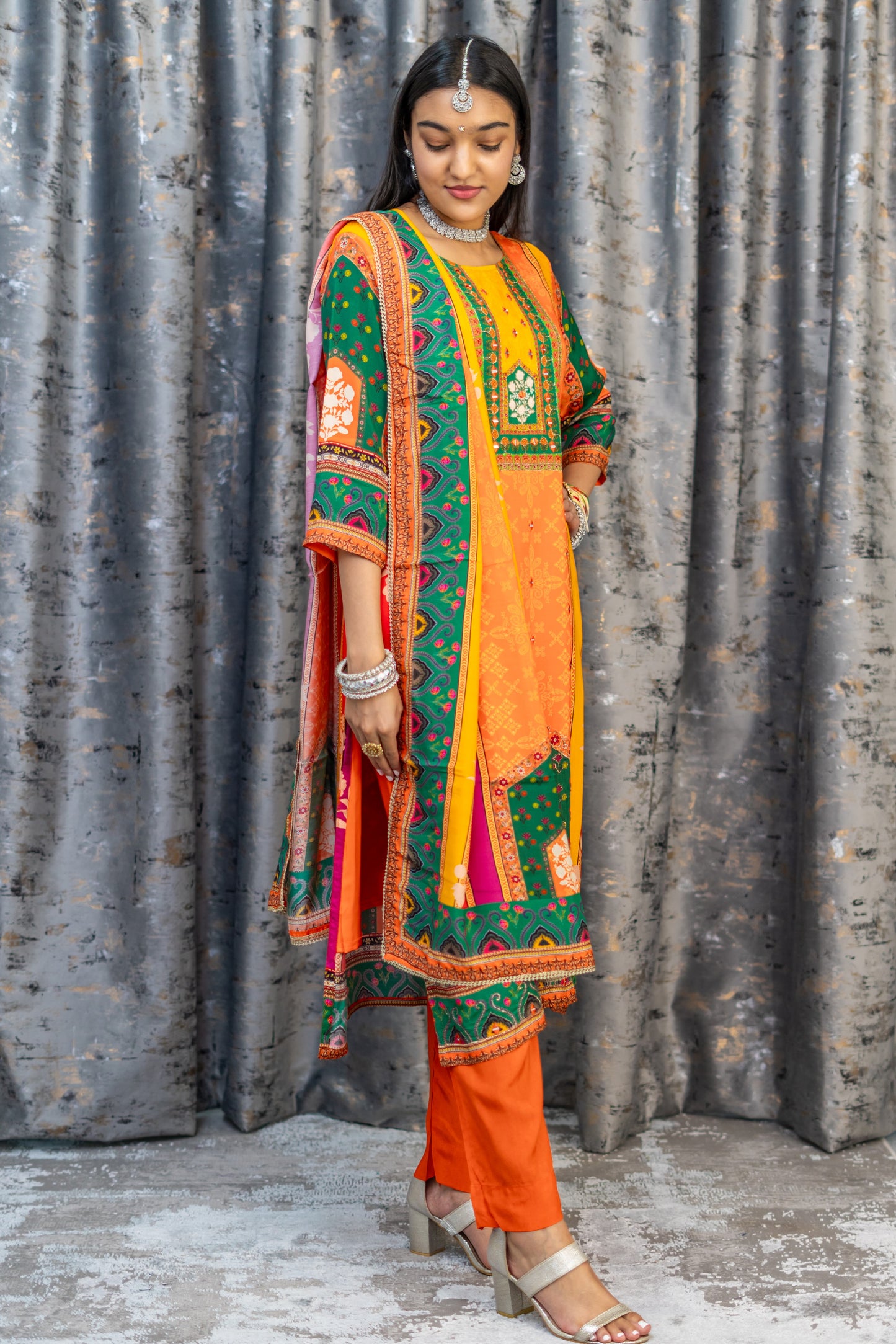 Orange Chinon Silk Printed Punjabi Set