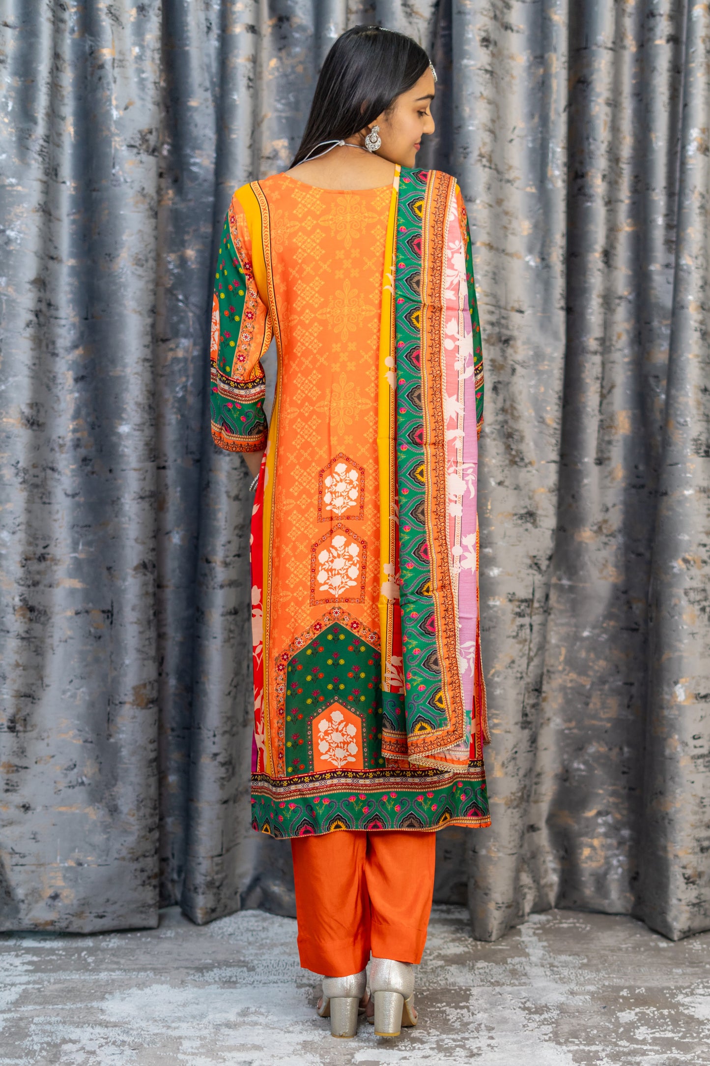Orange Chinon Silk Printed Punjabi Set
