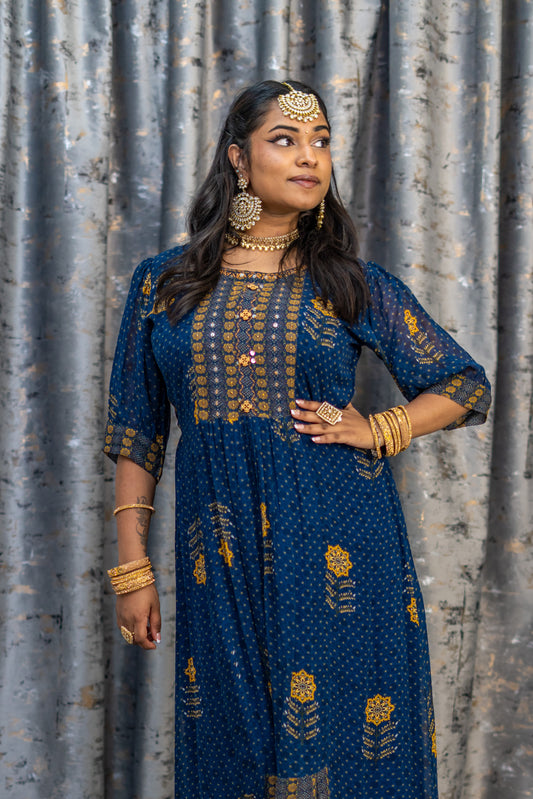 Navy Blue Printed Chiffon KurtiTop