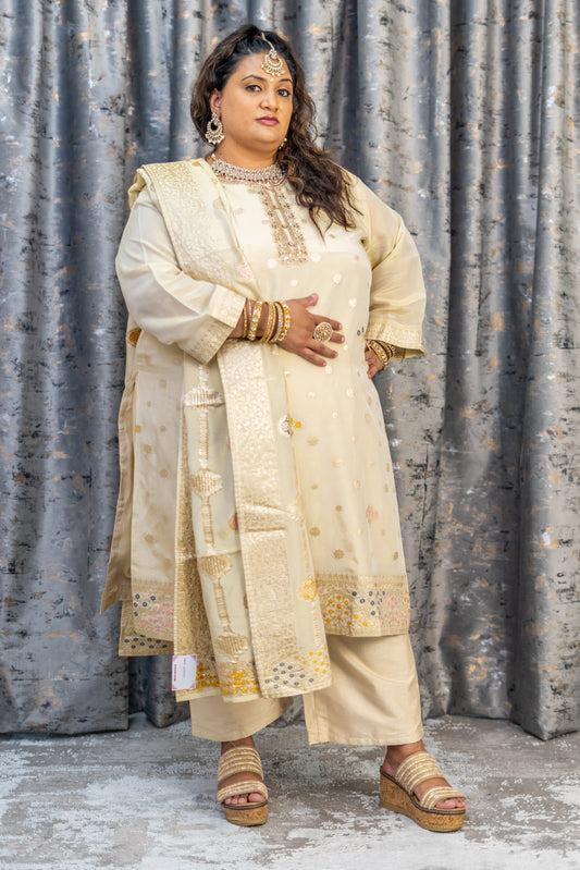 Cream Chinon Silk Punjabi Set with Embroidery