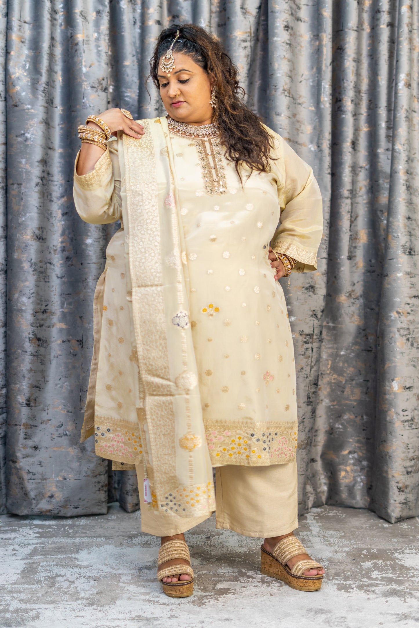 Cream Chinon Silk Punjabi Set with Embroidery