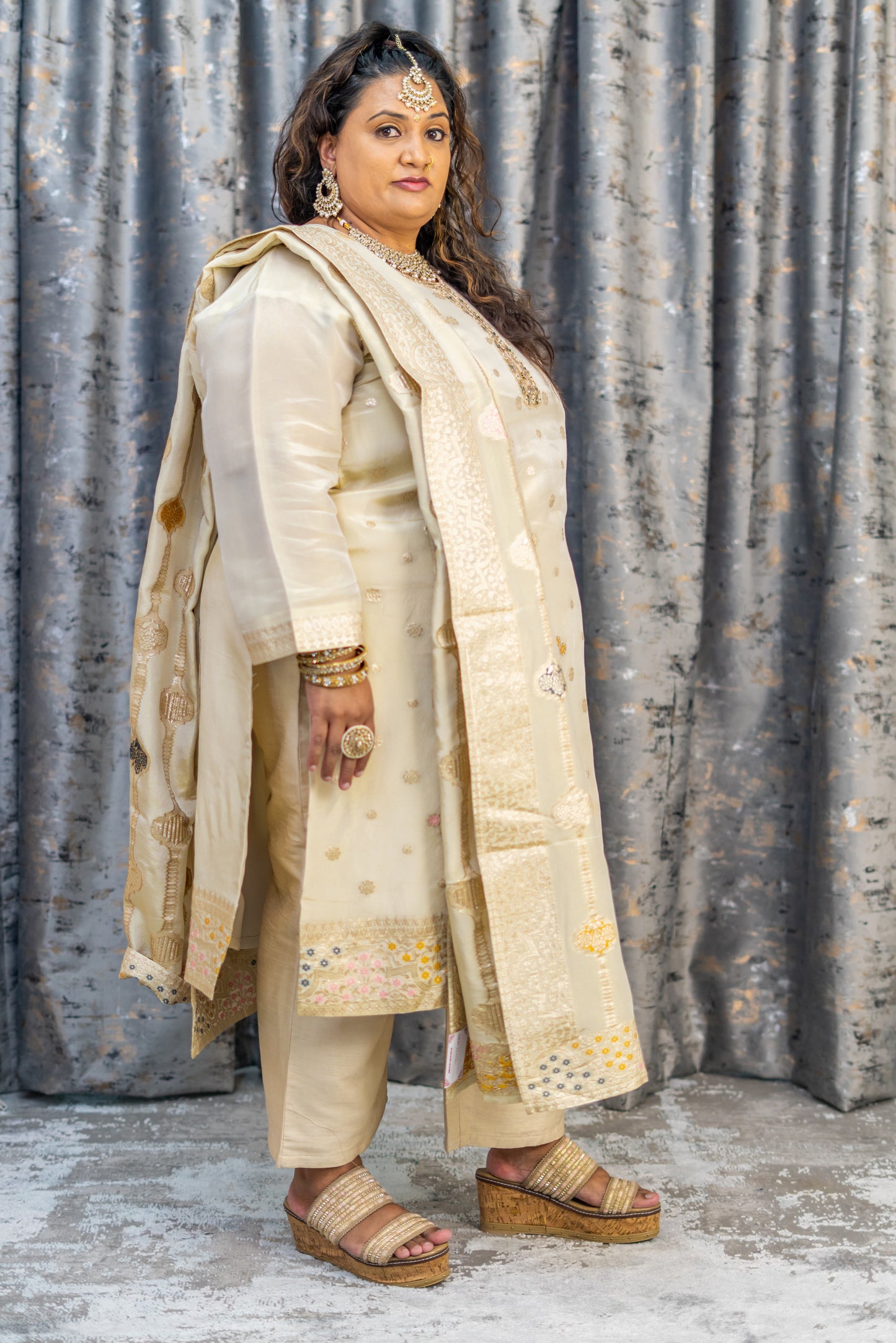 Cream Chinon Silk Punjabi Set with Embroidery