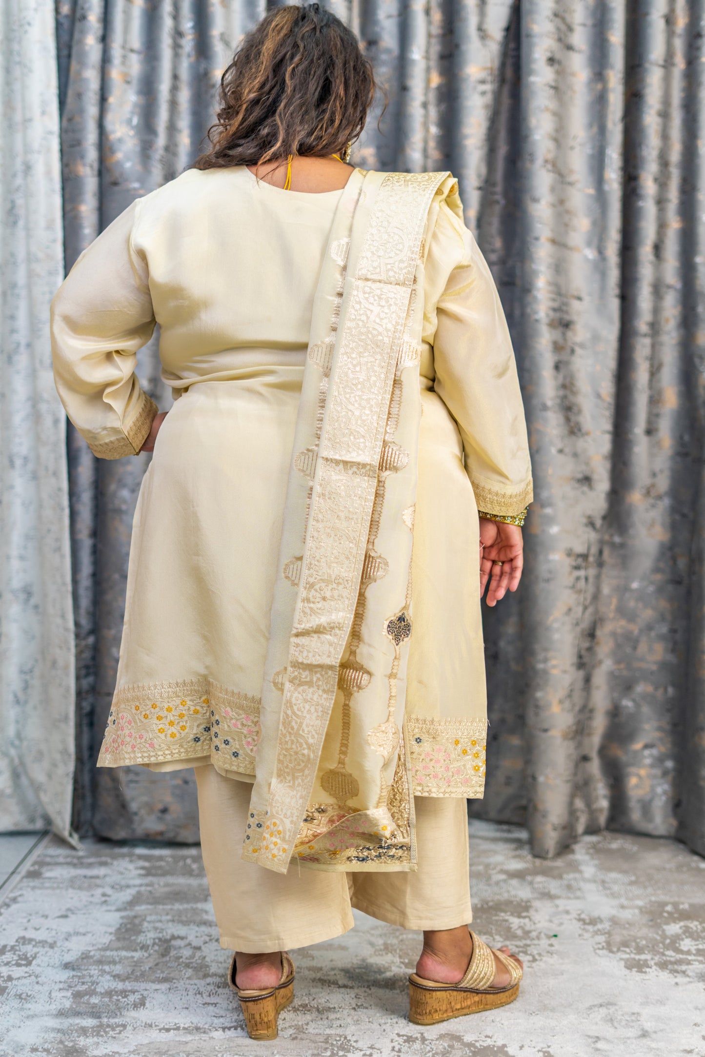 Cream Chinon Silk Punjabi Set with Embroidery
