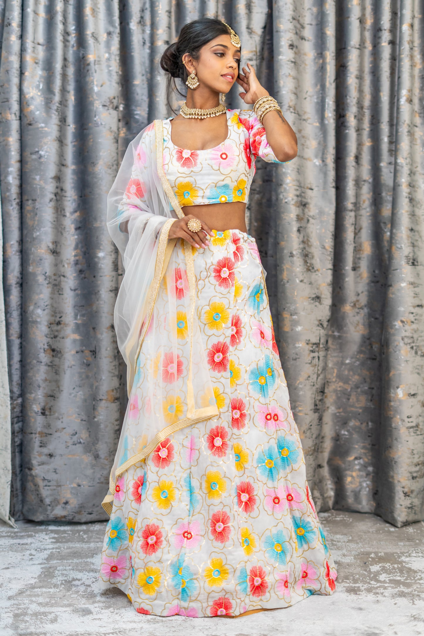White Colourful Cotton Lehenga Set with Floral Embroidery