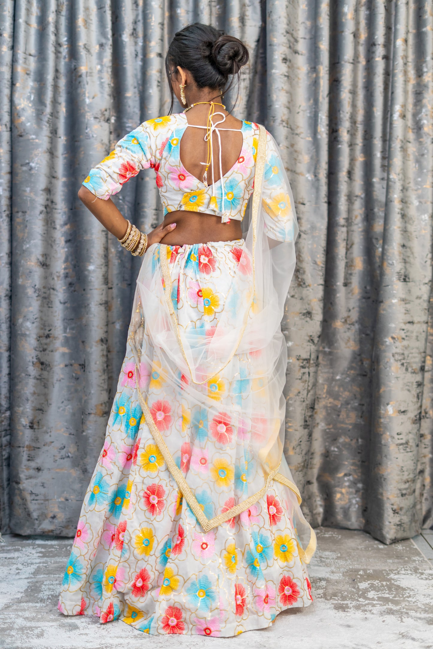 White Colourful Cotton Lehenga Set with Floral Embroidery