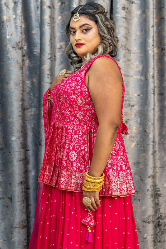 Pink Chiffon Outfit Set with Long Soft Brocade Blouse