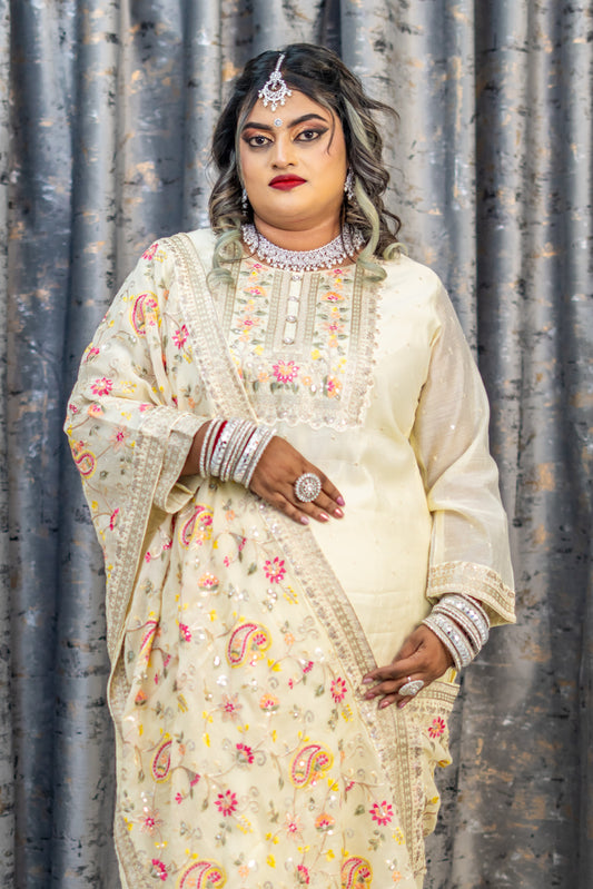 Cream Cotton Punjabi Set with Embroidery