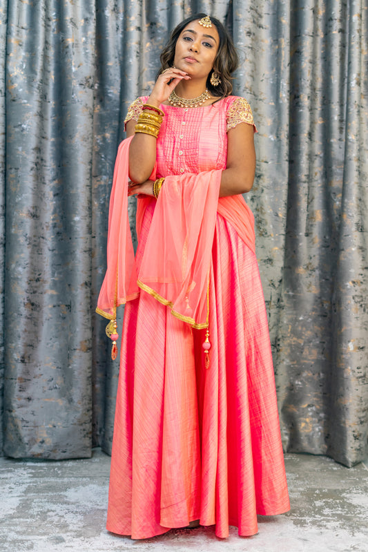 Coral Raw Silk Punjabi Set